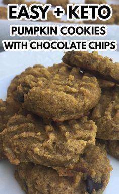 chocolate chip cookies stacked on top of each other with the words easy keto pumpkin cookies with chocolate chips