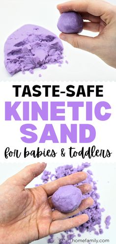 Pictures of hand holding up balls of purple kinetic sand with the words "Taste-Safe Kinetic Sand for Babies & Toddlers" Diy Kinetic Sand Taste Safe, Homemade Kinetic Sand Recipes, Edible Kinetic Sand Recipe, Sensory Activities Toddlers Edible, Edible Activities For Toddlers, Wet Sensory Play, Edible Sand Sensory Play, How To Make Kinetic Sand, Magic Sand Recipe