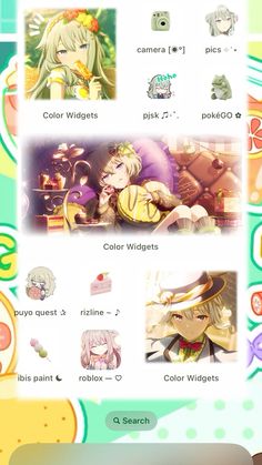 an image of some anime characters with different colors and shapes on the screen, as well as