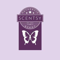 a purple and white logo with the words,'butterfly scent'on it in front of