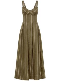 Nicholas Selene Linen Dress - Farfetch Olive Summer Outfits, Earthy Dresses, Olive Green Dress Outfit, Inverted Pleat Dress, Linen Printed Dress, Long Casual Dresses, Green Linen Dress, Striped Linen Dress, Olive Green Dress