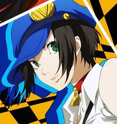 an anime character with black hair and green eyes in front of a checkered background