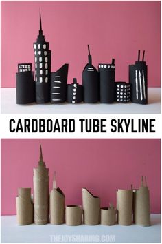 the cardboard tube skyline is made to look like buildings