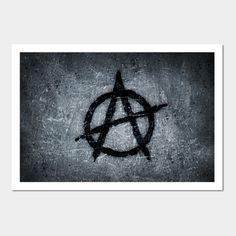 the anarchy symbol is painted on a concrete wall in black and grey tones, as well as an arrow