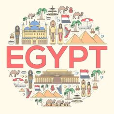 the word egypt surrounded by different symbols in a circle with palm trees, pyramids and buildings