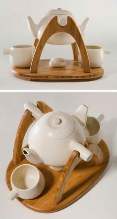 the tea set has been designed to look like it is made out of wood and ceramic