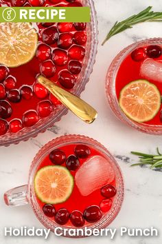 cranberry punch recipe with orange slices and rosemary garnish in two glasses