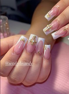 Gold Initial Nails, Almond Nails With Cross Charm, White French Tip Nails With Gold Design, Latina Nails Short Square, French Tip Nails With Gold Design, God Nails Design, White French With Gold, Angel Nails Acrylic, White Gold Nails Design