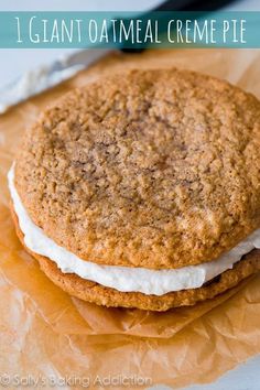 an oatmeal creme pie on top of brown paper with the title above it