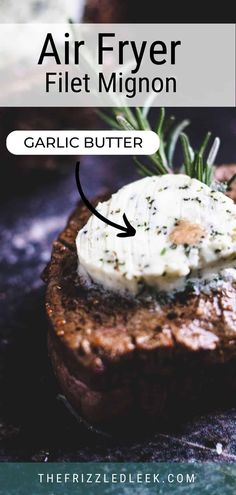 an egg on top of a piece of bread with the words, air fryer flatmion garlic butter