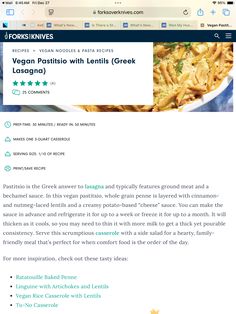 the website for vegan pasta with lentitii greek is shown in this screenshot