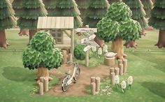 an animated image of a park with trees and a bike parked in the dirt near a small hut