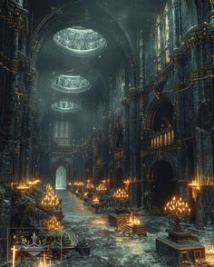 the interior of an old church with candles lit