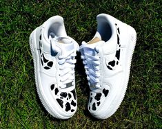 Cow print custom painted Air Force ones!🐮 Shoe Ideas Diy Painted, Casual Hand Painted White Custom Sneakers, Casual Hand Painted White Sneakers, Casual White Custom Sneakers With Artwork, Casual Customized White Sneakers, Black Casual Sneakers With Custom Artwork, Casual Customized Black Sneakers, Casual Black Customized Sneakers, Custom Painted Shoes Ideas