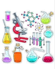 an image of science stickers on the back of a white sheet with colored flasks and beakles