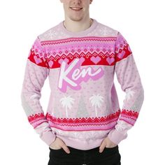 Get ready to sleigh your holiday style with the Ken Barbie Christmas Jumper for Men! This eye-catching bright pink knitted sweater is the perfect way to stand out at any holiday gathering. Its whimsical design features charming snowflakes, hearts, palm trees, and Christmas trees in various shades of pinks and whites, making it a festive must-have. It's not just stylish; it's also soft and cozy, perfect for keeping you warm during those chilly winter nights. Plus, the iconic 'Ken' logo emblazoned Barbie Merchandise, Jumper For Men, Barbie Sweatshirt, Ken Clothes, Barbie Christmas, Ken Barbie, Barbie Top, Mens Sweaters, Christmas Barbie