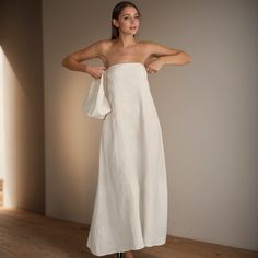 Olivia Mark - Beige Linen Strapless Maxi Dress with High Waist and Open Back for Resort Wear Gauze Maxi Dress, Bandeau Maxi Dress, Strapless Maxi, The Emperor, Home Dress, Strapless Maxi Dress, Ruffle Hem Dress, Vacation Dresses, Hem Dress