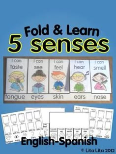 five different pictures with the words fold and learn 5 sensees in english - spanish