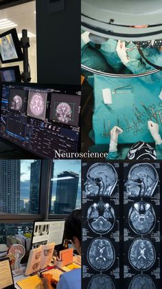 multiple pictures of medical equipment including mris and monitors