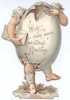 an old fashioned christmas ornament with two children holding the back of a large egg