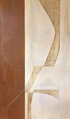 an abstract painting with brown and white lines on the bottom half of it, in front of a tan background