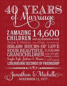 a red poster with the words 40 years of marriage written in white ink on it