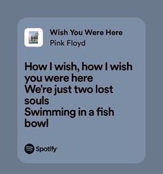 a text message that reads, wish you were here pink floyd how i wish there were two lost souls swimming in a fish bowl