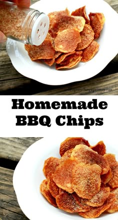 homemade bbq chips on a white plate with the words homemade bbq chips above them