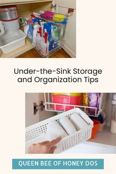 the inside of a kitchen cabinet with two pictures showing how to organize and store items