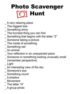 a photo scavenger hunt is shown with the words in red and black on it