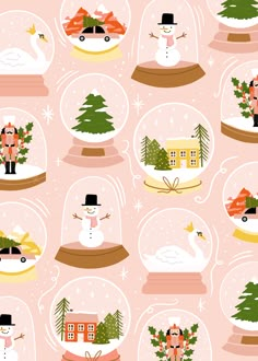 snow globes with christmas trees, buildings and people in them are featured on a pink background