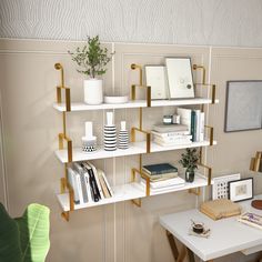 a white table topped with books next to a wall mounted shelf filled with pictures and plants