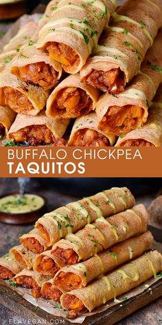 several burritos stacked on top of each other with the words buffalo chicken taquitos