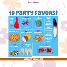 an advertisement for pinkishshop's 10 party favors, including cookies and candy