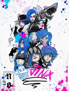 an image of some anime characters with blue hair and black makeup on their faces, all in different colors