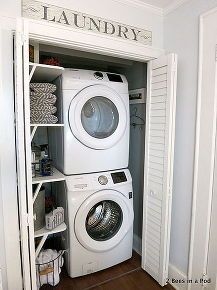 small space solution laundry closet makeover, closet Hall Laundry Closet, Budget Laundry Room Makeover, Laundry Closet Makeover, Laundry Room Storage Shelves, Toilette Design, Small Laundry Room Organization, Room Storage Diy, Stackable Washer And Dryer, Laundry Space