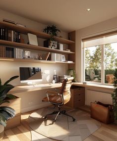 a computer desk sitting in front of a window next to a potted plant and bookshelf