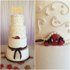 two different pictures of a wedding cake with spiderman on top