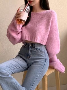 Pink Casual Collar Long Sleeve Knitwear Plain Pullovers Embellished Medium Stretch  Women Clothing Outfits Con Rosa, Pink Pullover Outfit, 6th Form Outfits, Outfit Rosa, Smart Casual Women Outfits, Outfit Korean Style, Smart Casual Women, Pullovers Outfit, Look Rose