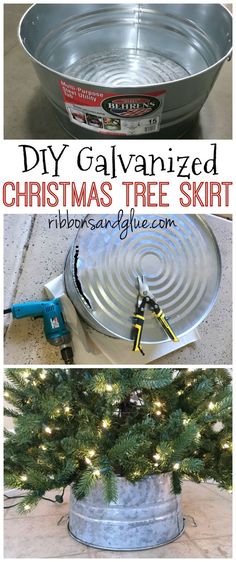 the christmas tree skirt is made from an old galvanized tin pan and then used to make a diy christmas tree skirt