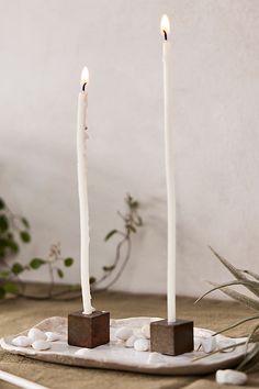 two candles are sitting on a plate with rocks