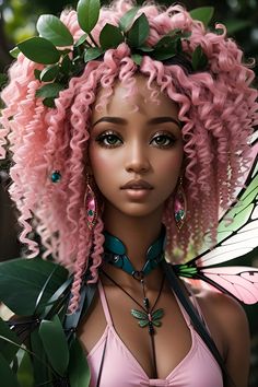 a woman with pink hair and butterfly wings