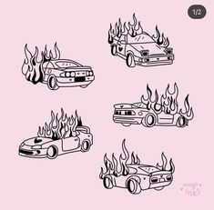 four different cars with flames on them