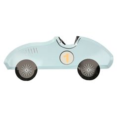 a blue race car shaped paper toy with numbers on the front and back wheels,