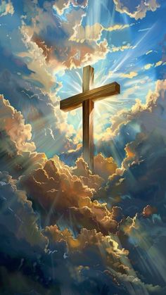 a painting of a cross in the sky with sun rays coming through clouds above it