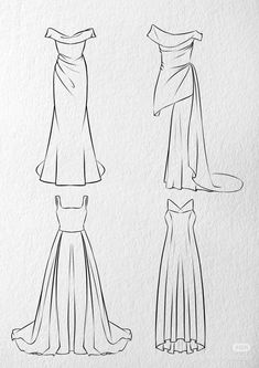 three dresses drawn on paper with one in the middle and one in the back, all lined up