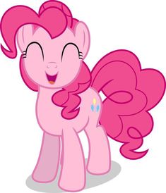 the pinkie pony is smiling and looking to its left with her eyes wide open