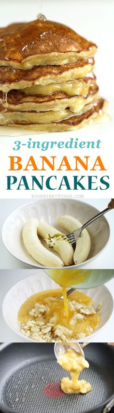 pancakes with syrup being poured onto them and then topped with banana slices on the side