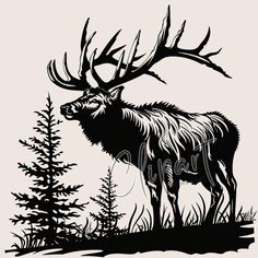 an animal with antlers standing in the grass next to some trees and pine trees