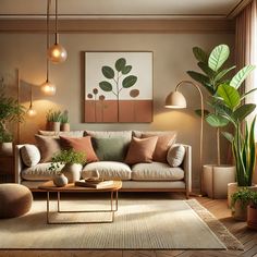 a living room filled with furniture and plants